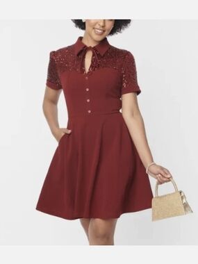NEW Unique Vintage Women's Burgundy Tie-Neck Fit & Flare Dress